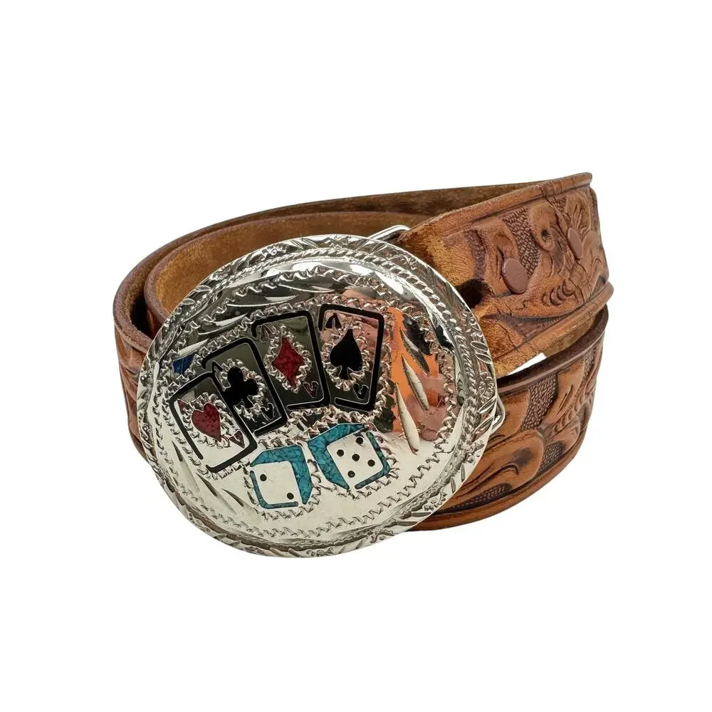 VTG Gambler Belt Buckle & Hand Tooled Belt